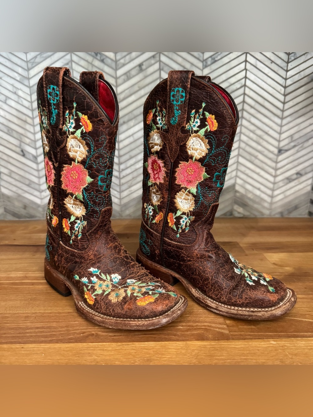 Macie Bean Kids Honey Bunch Floral Embroidered Leather Cowboy Boots Size 9